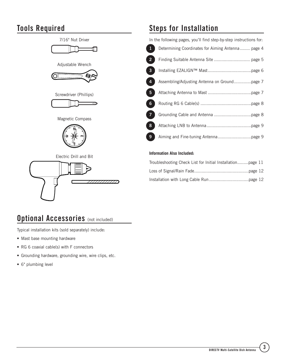 Tools required, Optional accessories, Steps for installation | TERK Technologies Multi-Satellite Dish Antenna 1DIRECTV User Manual | Page 3 / 12