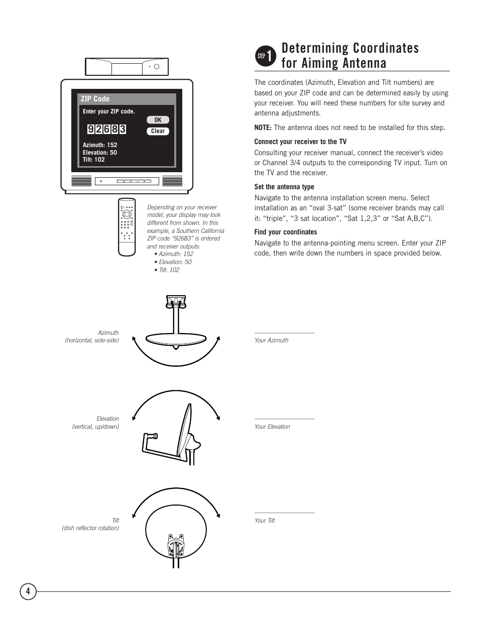 Determining coordinates for aiming antenna | TERK Technologies Multi-Satellite Dish Antenna 1DIRECTV User Manual | Page 4 / 12