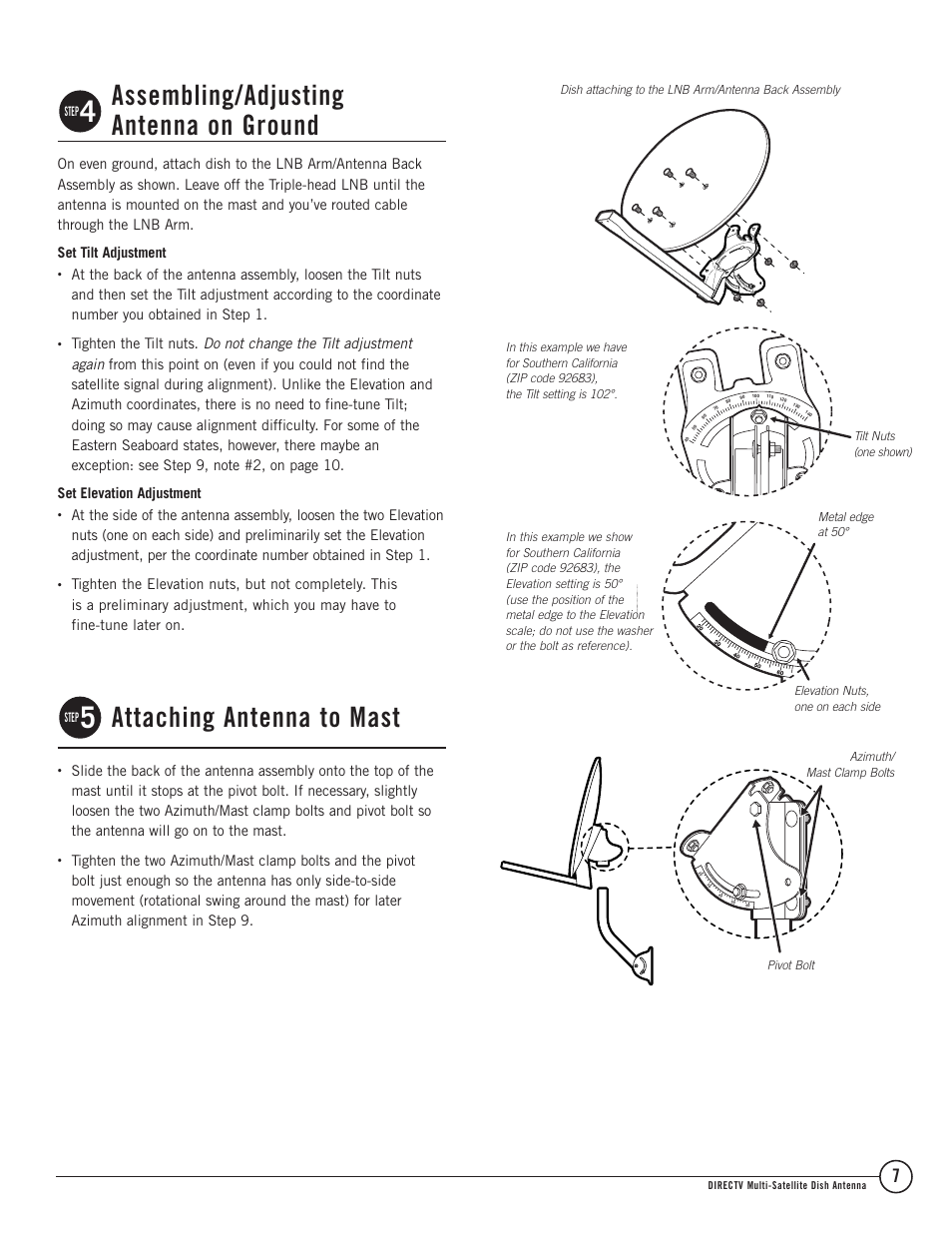 Assembling/adjusting antenna on ground, Attaching antenna to mast | TERK Technologies Multi-Satellite Dish Antenna 1DIRECTV User Manual | Page 7 / 12