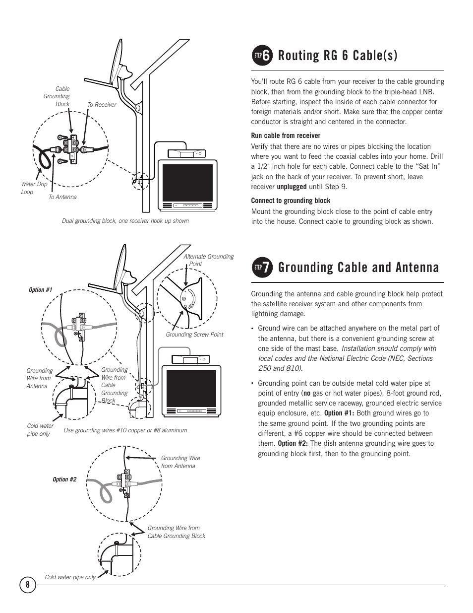 Routing rg 6 cable(s), Grounding cable and antenna | TERK Technologies Multi-Satellite Dish Antenna 1DIRECTV User Manual | Page 8 / 12