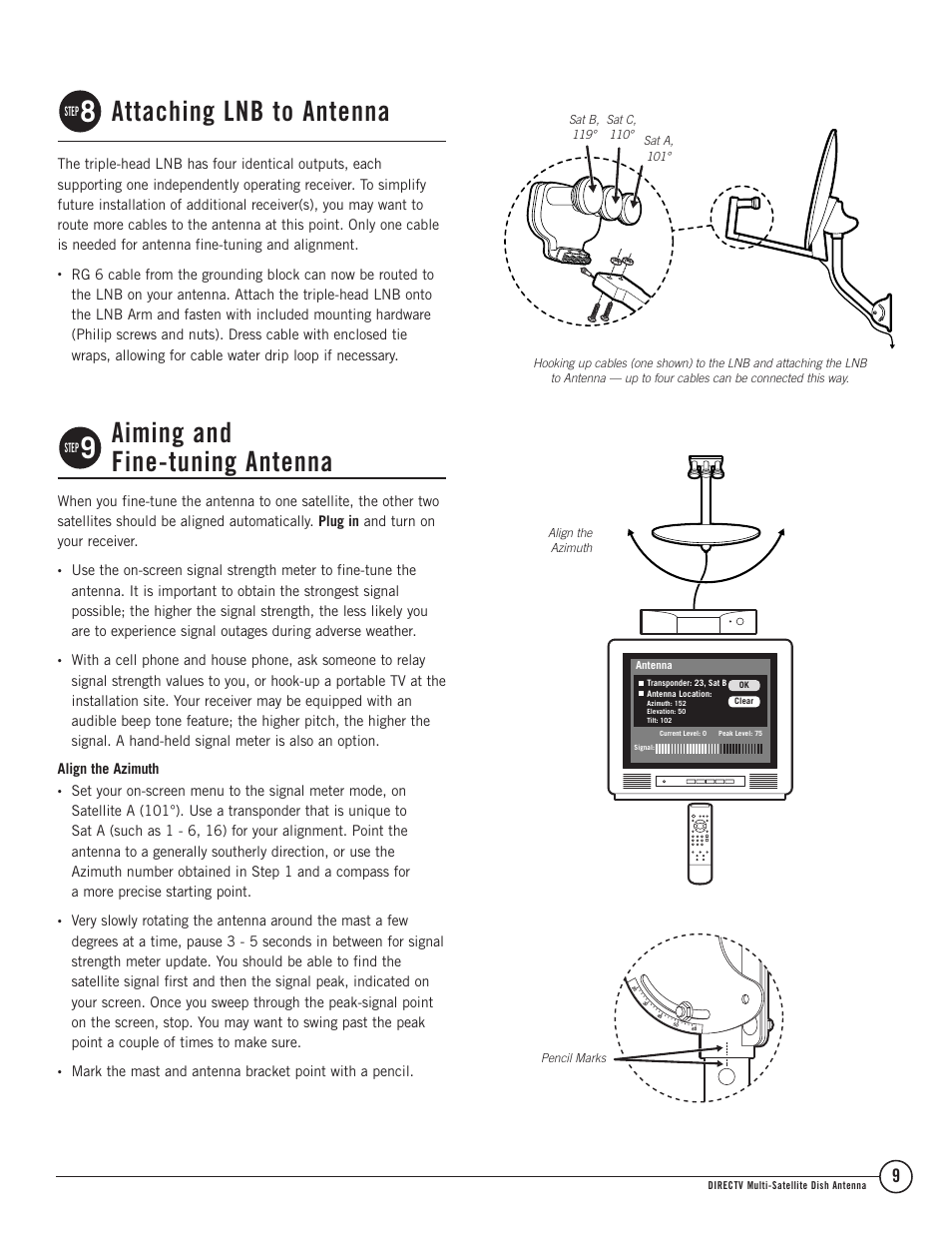 Attaching lnb to antenna, Aiming and fine-tuning antenna | TERK Technologies Multi-Satellite Dish Antenna 1DIRECTV User Manual | Page 9 / 12