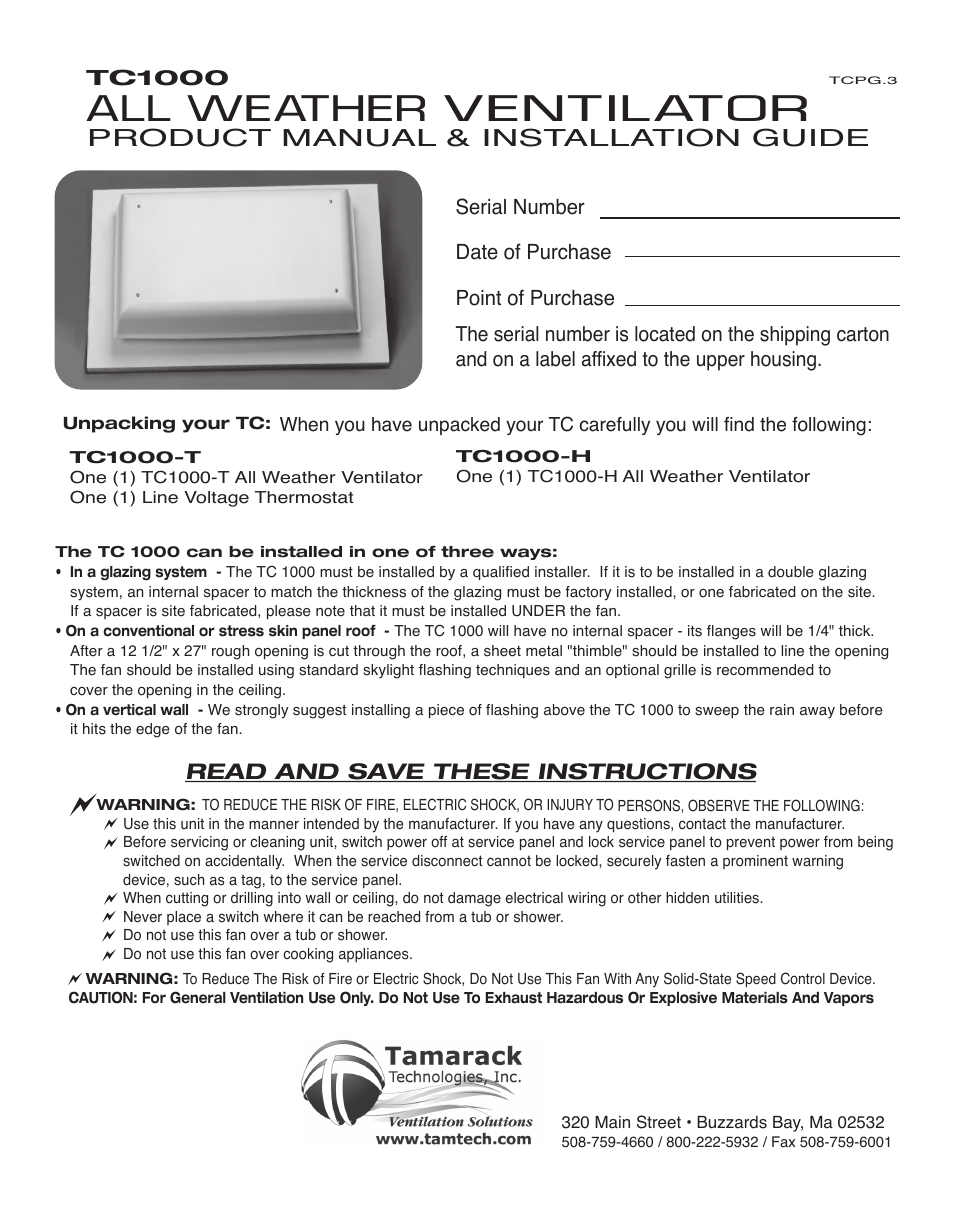 Tamarack Technologies TC1000 User Manual | 4 pages