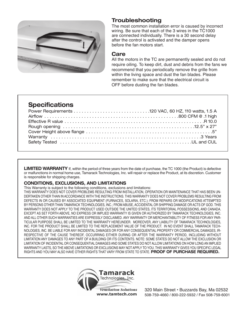 Specifications, Troubleshooting, Care | Tamarack Technologies TC1000 User Manual | Page 4 / 4