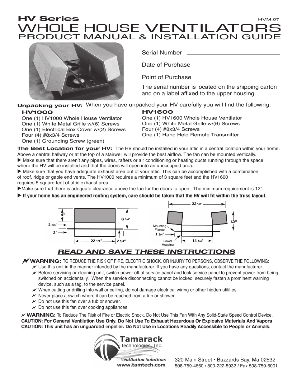 Tamarack Technologies HV1600 User Manual | 4 pages