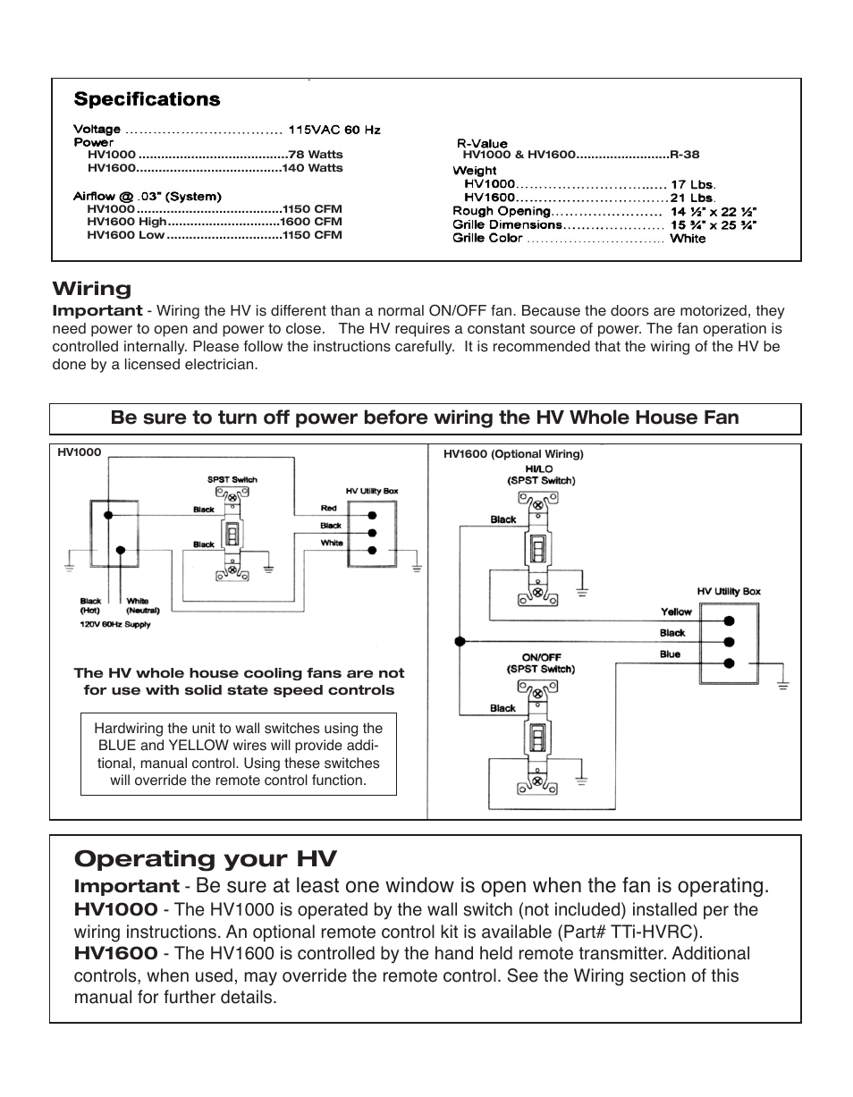 Operating your hv, Wiring | Tamarack Technologies HV1600 User Manual | Page 3 / 4