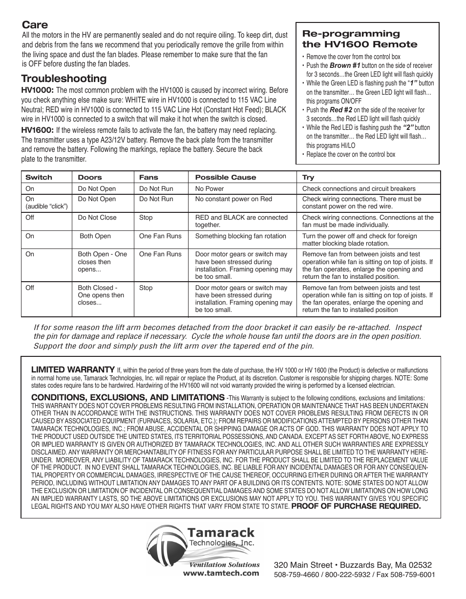 Troubleshooting, Care, Re-programming the hv1600 remote | Tamarack Technologies HV1600 User Manual | Page 4 / 4