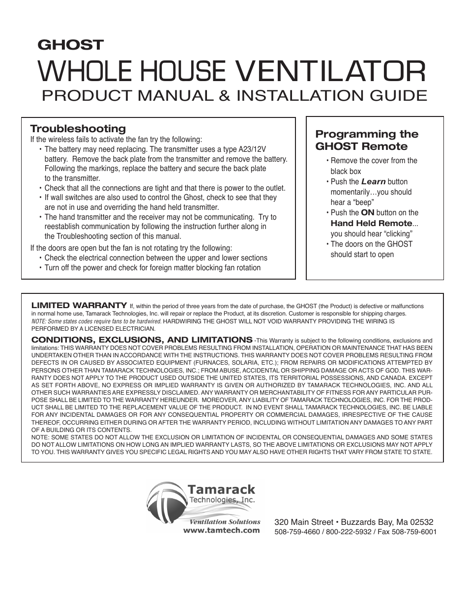 Whole house ventilator, Product manual & installation guide, Ghost | Troubleshooting, Programming the ghost remote | Tamarack Technologies GH.02 User Manual | Page 4 / 4