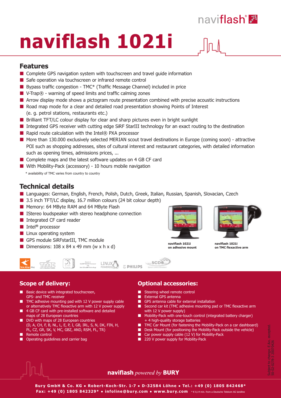 Naviflash 1021i, Features, Technical details | Scope of delivery: optional accessories | THB Bury Touchscreen Navigation + Travel Guide Naviflash 1021 User Manual | Page 2 / 2