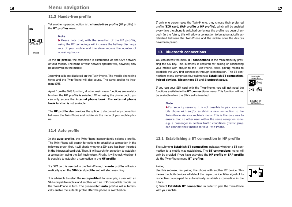 3 hands-free profile, 4 auto profile, Bluetooth connections | 1 establishing a bt connection in hf profile, Menu navigation | THB Bury LT 9100 User Manual | Page 10 / 25