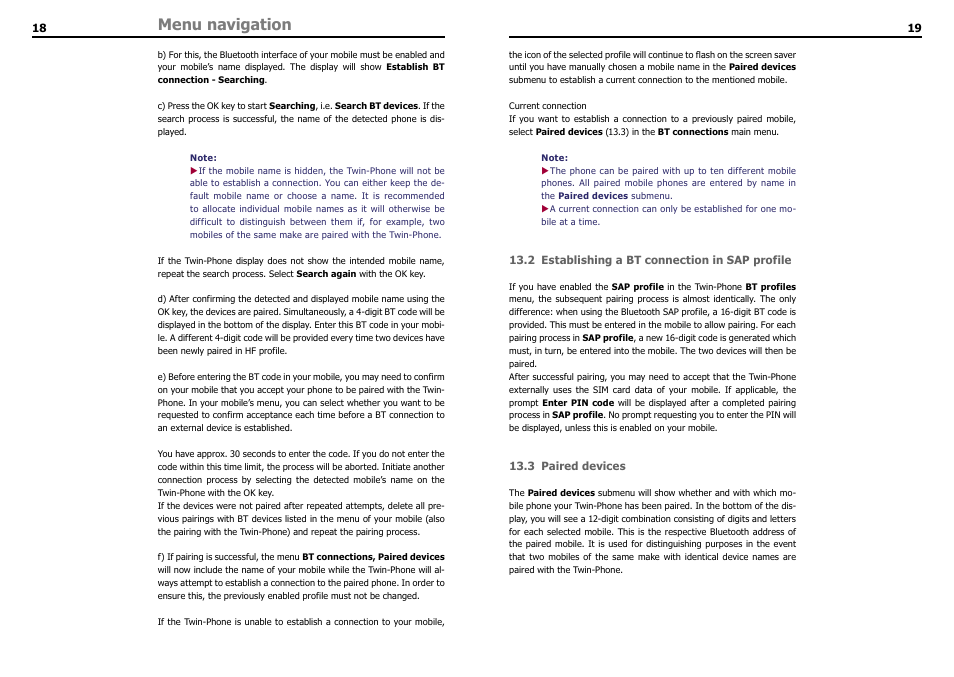 2 establishing a bt connection in sap profile, 3 paired devices, Menu navigation | THB Bury LT 9100 User Manual | Page 11 / 25