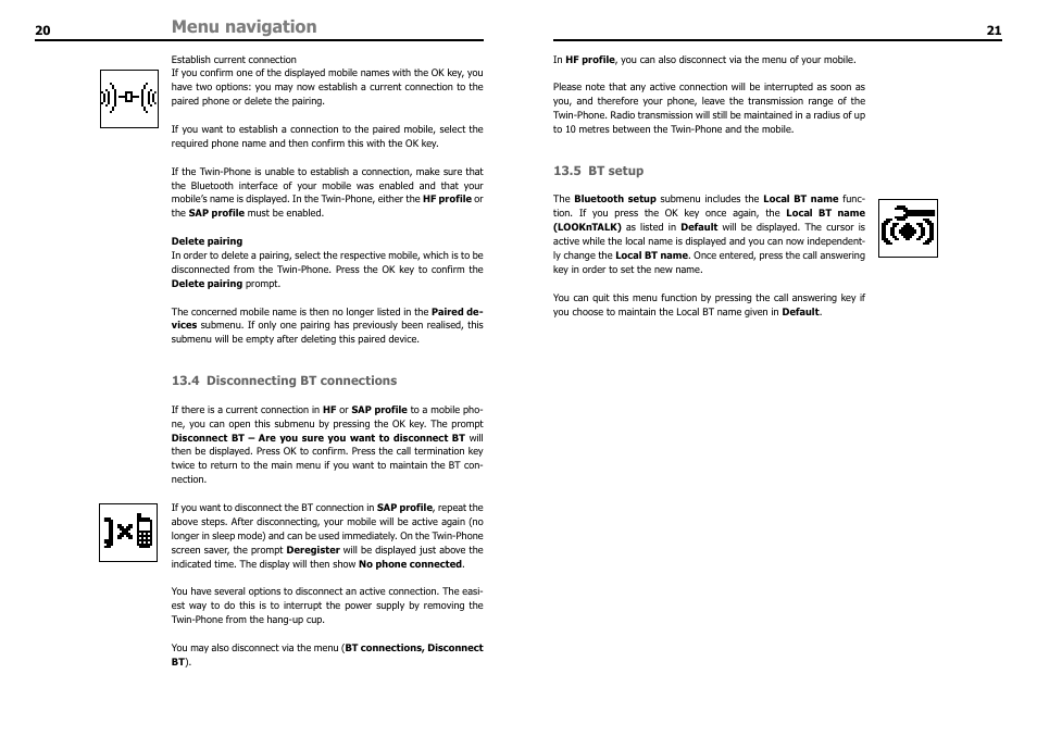 4 disconnecting bt connections, 5 bt setup, Menu navigation | THB Bury LT 9100 User Manual | Page 12 / 25