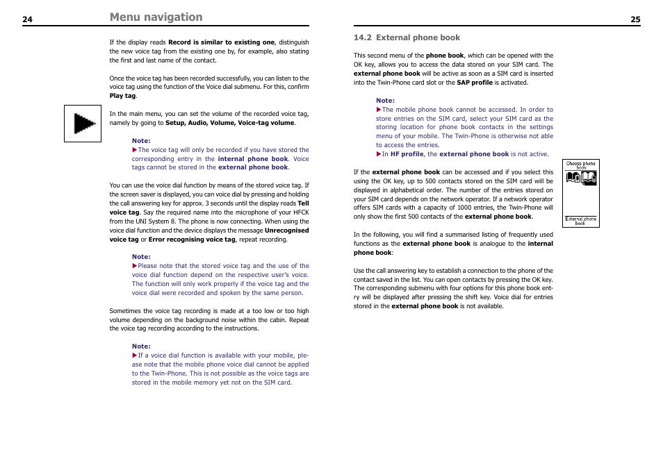 2 external phone book, Menu navigation | THB Bury LT 9100 User Manual | Page 14 / 25