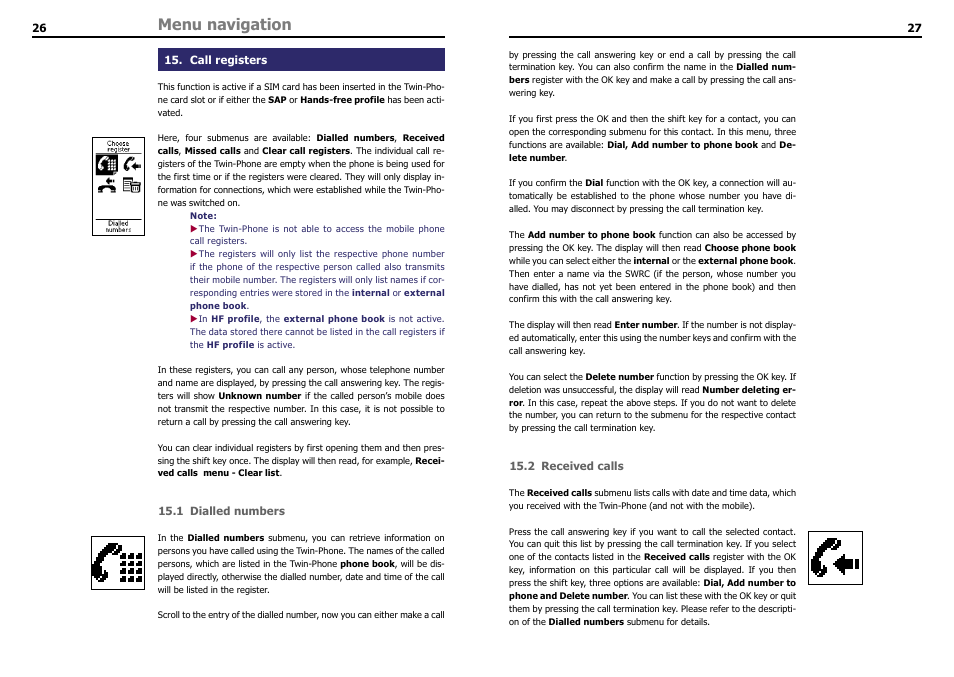 Call registers, 1 dialled numbers, 2 received calls | Menu navigation | THB Bury LT 9100 User Manual | Page 15 / 25