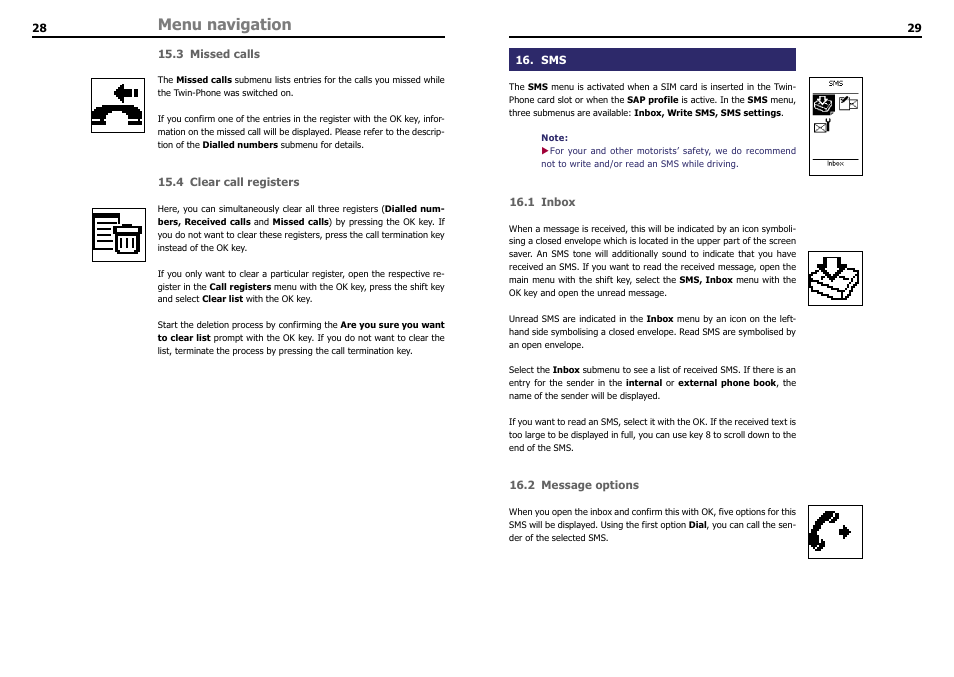 3 missed calls, 4 clear call registers, 1 inbox | 2 message options, Menu navigation | THB Bury LT 9100 User Manual | Page 16 / 25