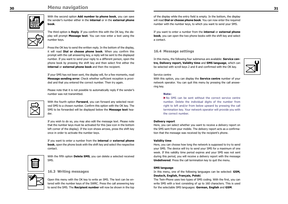 3 writing messages, 4 message settings, Menu navigation | THB Bury LT 9100 User Manual | Page 17 / 25