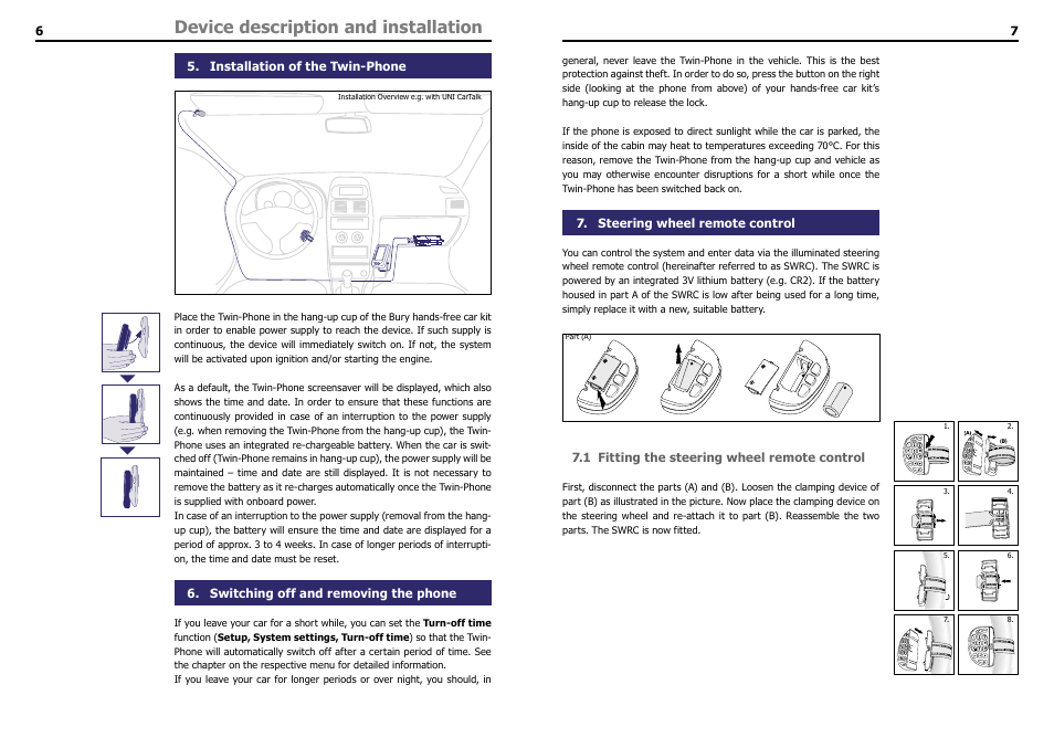 Installation of the twin-phone, Switching off and removing the phone, Steering wheel remote control | 1 fitting the steering wheel remote control, Device description and installation | THB Bury LT 9100 User Manual | Page 5 / 25