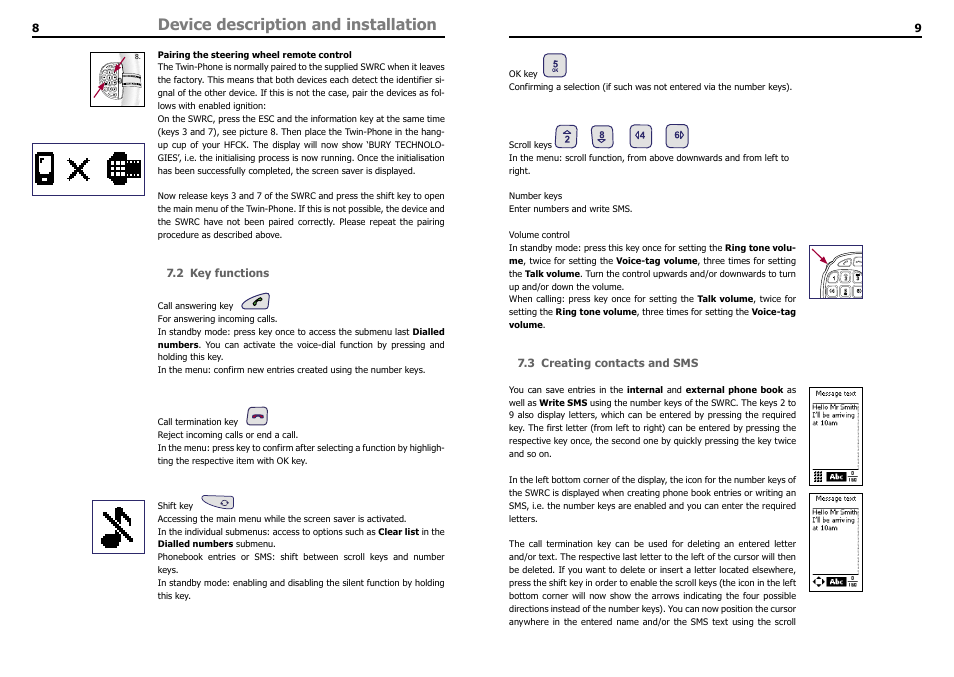 2 key functions, 3 creating contacts and sms, Device description and installation | THB Bury LT 9100 User Manual | Page 6 / 25