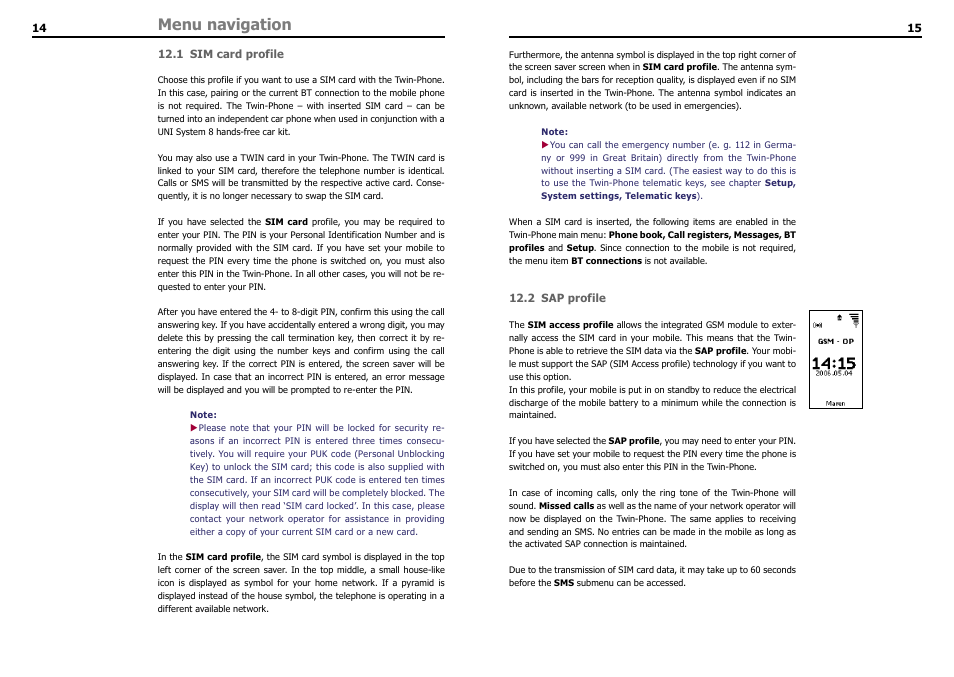 1 sim card profile, 2 sap profile, Menu navigation | THB Bury LT 9100 User Manual | Page 9 / 25