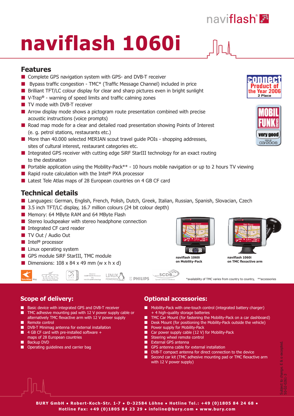 Naviflash 1060i, Features, Technical details | Scope of delivery: optional accessories | THB Bury Naviflash 1060i User Manual | Page 2 / 2