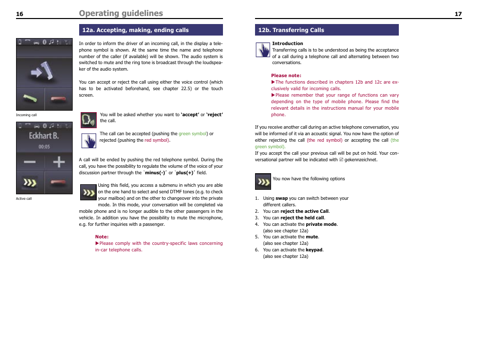 12a. accepting, making, ending calls, 12b. transferring calls, Operating guidelines | THB Bury Bluetooth Hands-Free Car Kit CC 9060 User Manual | Page 10 / 16