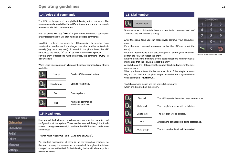 Voice dial commands, Head menu, Dial number | Operating guidelines | THB Bury Bluetooth Hands-Free Car Kit CC 9060 User Manual | Page 12 / 16
