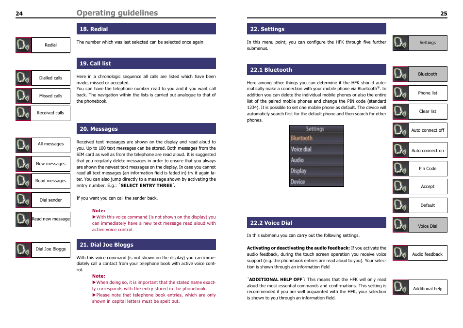 Redial, Call list, Messages | Dial joe bloggs, Settings, 1 bluetooth, 2 voice dial, Operating guidelines | THB Bury Bluetooth Hands-Free Car Kit CC 9060 User Manual | Page 14 / 16