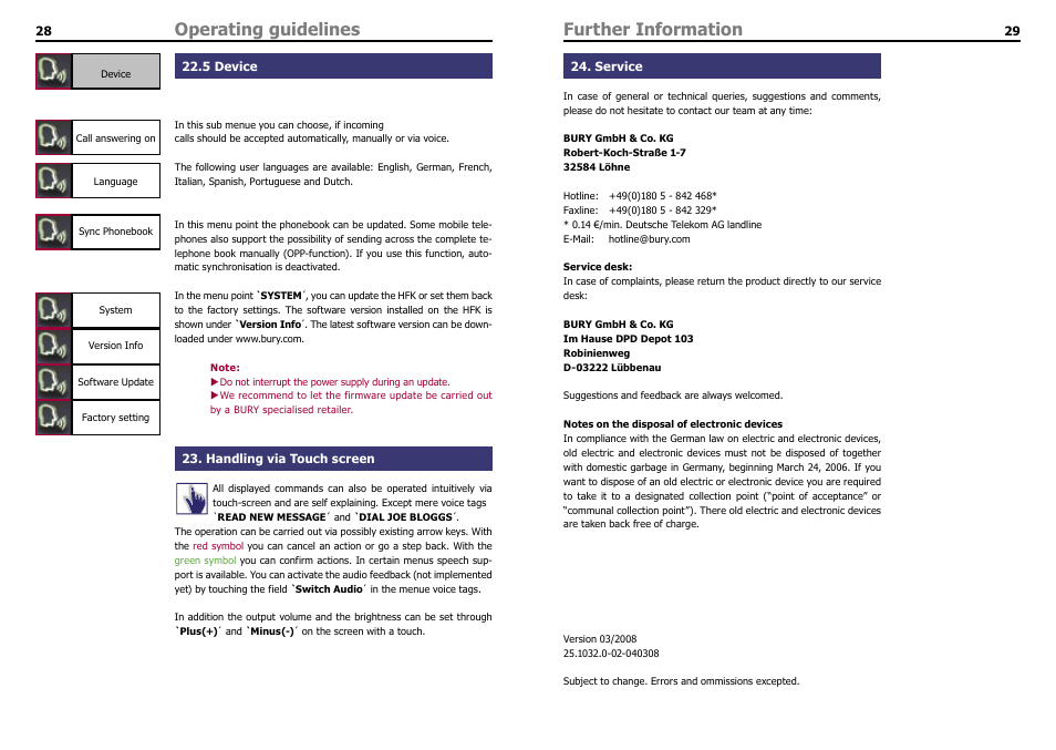 5 device, Handling via touch screen, Further information | Service, Operating guidelines | THB Bury Bluetooth Hands-Free Car Kit CC 9060 User Manual | Page 16 / 16