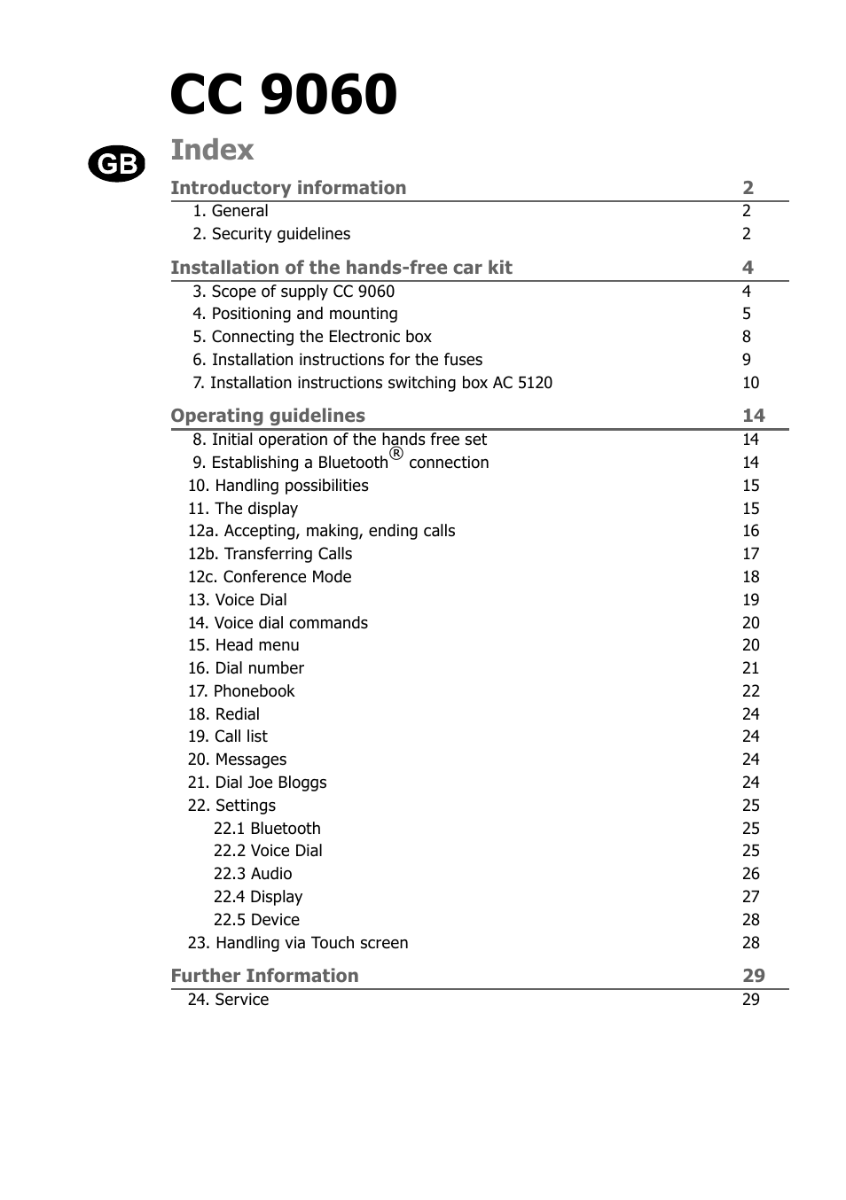 Cc 9060, Index | THB Bury Bluetooth Hands-Free Car Kit CC 9060 User Manual | Page 2 / 16