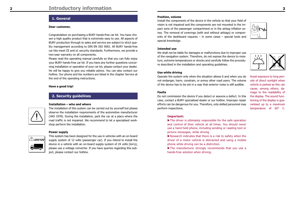 Introductory information, General, Security guidelines | THB Bury Bluetooth Hands-Free Car Kit CC 9060 User Manual | Page 3 / 16