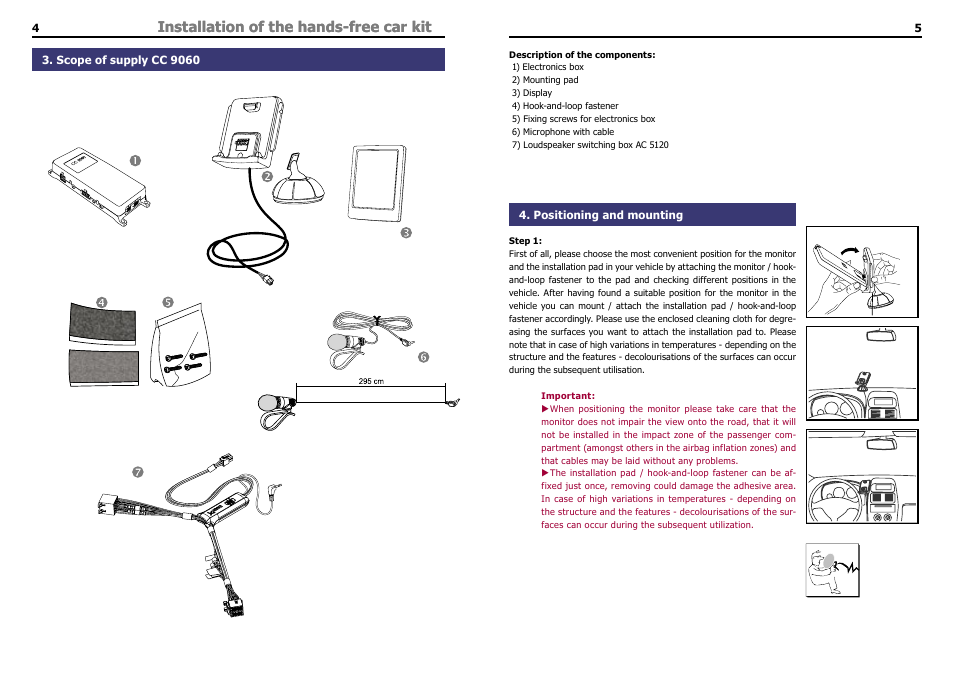 Installation of the hands-free car kit, Scope of supply cc 9060, Positioning and mounting | THB Bury Bluetooth Hands-Free Car Kit CC 9060 User Manual | Page 4 / 16