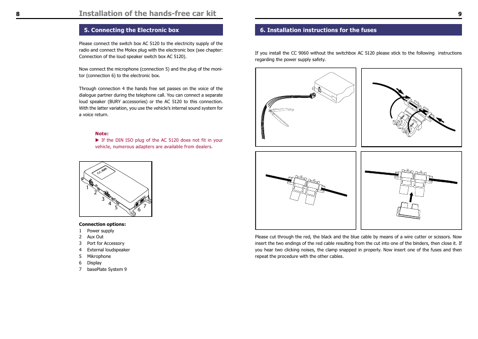 Connecting the electronic box, Installation instructions for the fuses, Installation of the hands-free car kit | THB Bury Bluetooth Hands-Free Car Kit CC 9060 User Manual | Page 6 / 16