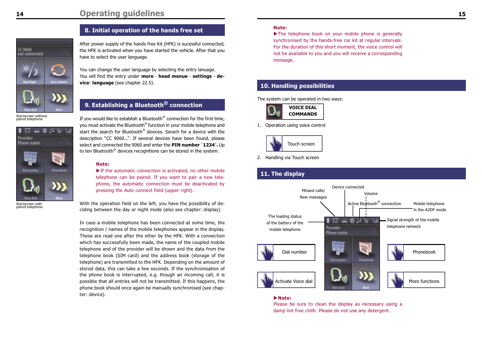 Operating guidelines, Initial operation of the hands free set, Establishing a bluetooth® connection | Handling possibilities, The display, Establishing a bluetooth, Connection | THB Bury Bluetooth Hands-Free Car Kit CC 9060 User Manual | Page 9 / 16