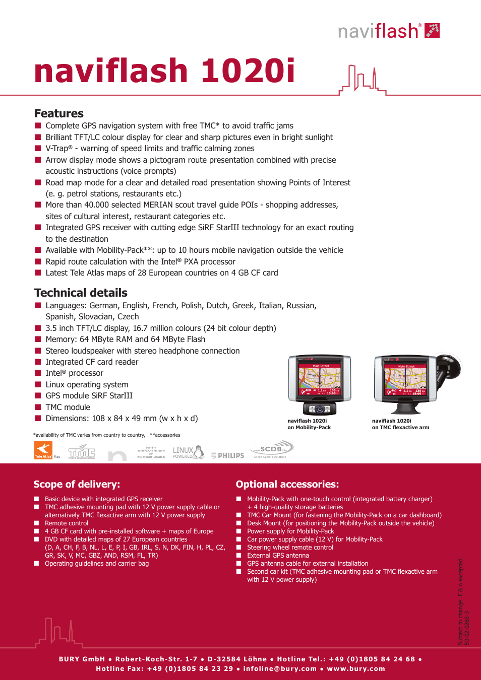 Naviflash 1020i, Features, Technical details | Scope of delivery: optional accessories | THB Bury Naviflash 1020 User Manual | Page 2 / 2