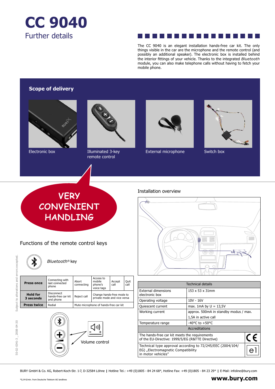 Cc 9040, Very convenient handling, Further details | Scope of delivery, Functions of the remote control keys, Installation overview | THB Bury CC 9040 User Manual | Page 2 / 2