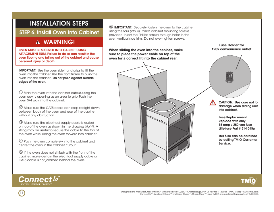 Installation steps warning, Step 6. install oven into cabinet | TMIO PS301SS00 User Manual | Page 11 / 15