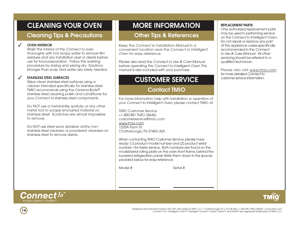 Cleaning your oven, More information, Customer service | Cleaning tips & precautions, Other tips & references, Contact tmio | TMIO PS301SS00 User Manual | Page 14 / 15