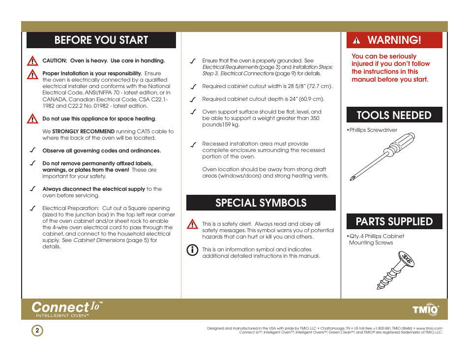 Before you start, Tools needed, Parts supplied | Special symbols, Warning | TMIO PS301SS00 User Manual | Page 2 / 15