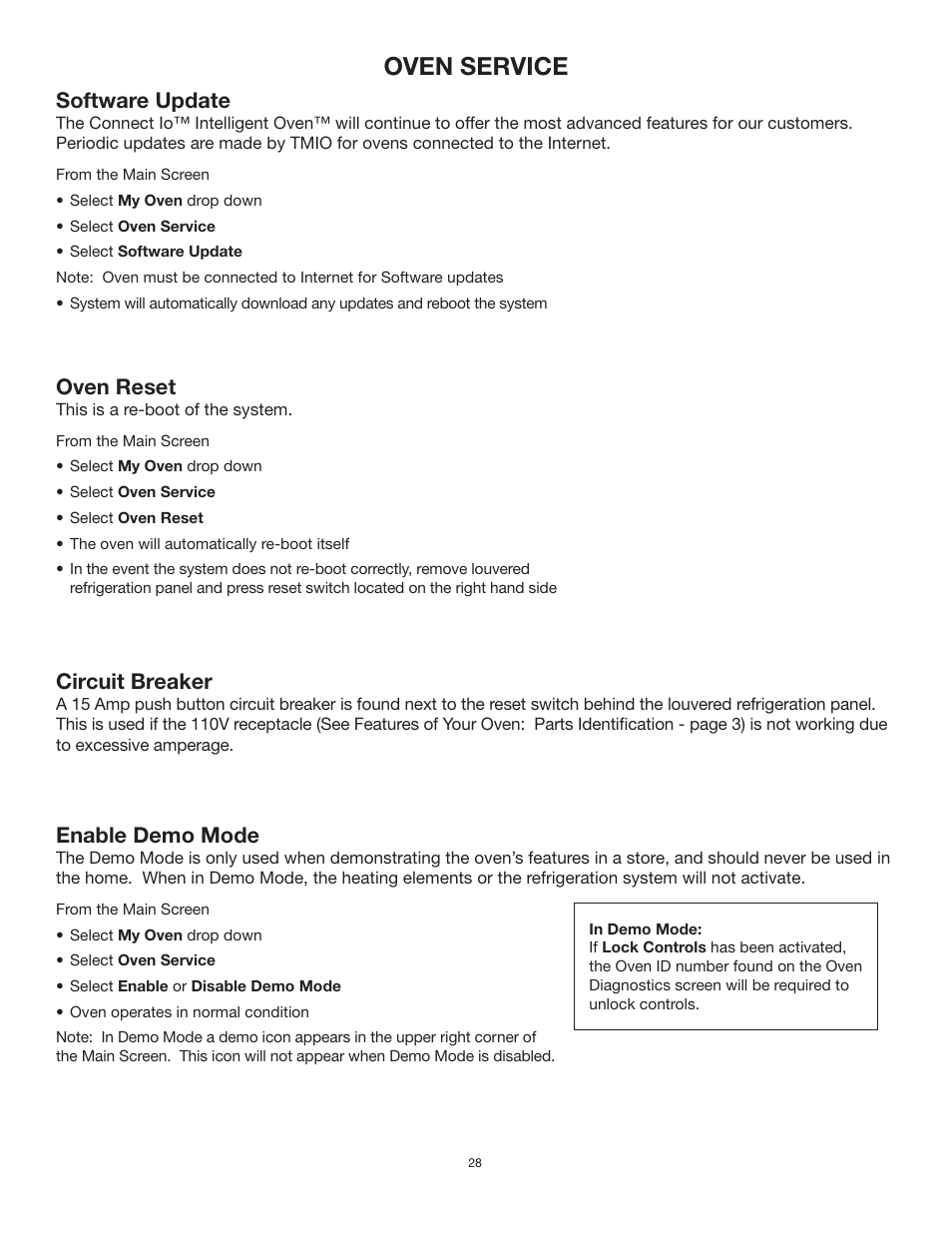 Oven service, Enable demo mode, Software update | Oven reset, Circuit breaker | TMIO PS302SS00 User Manual | Page 31 / 39