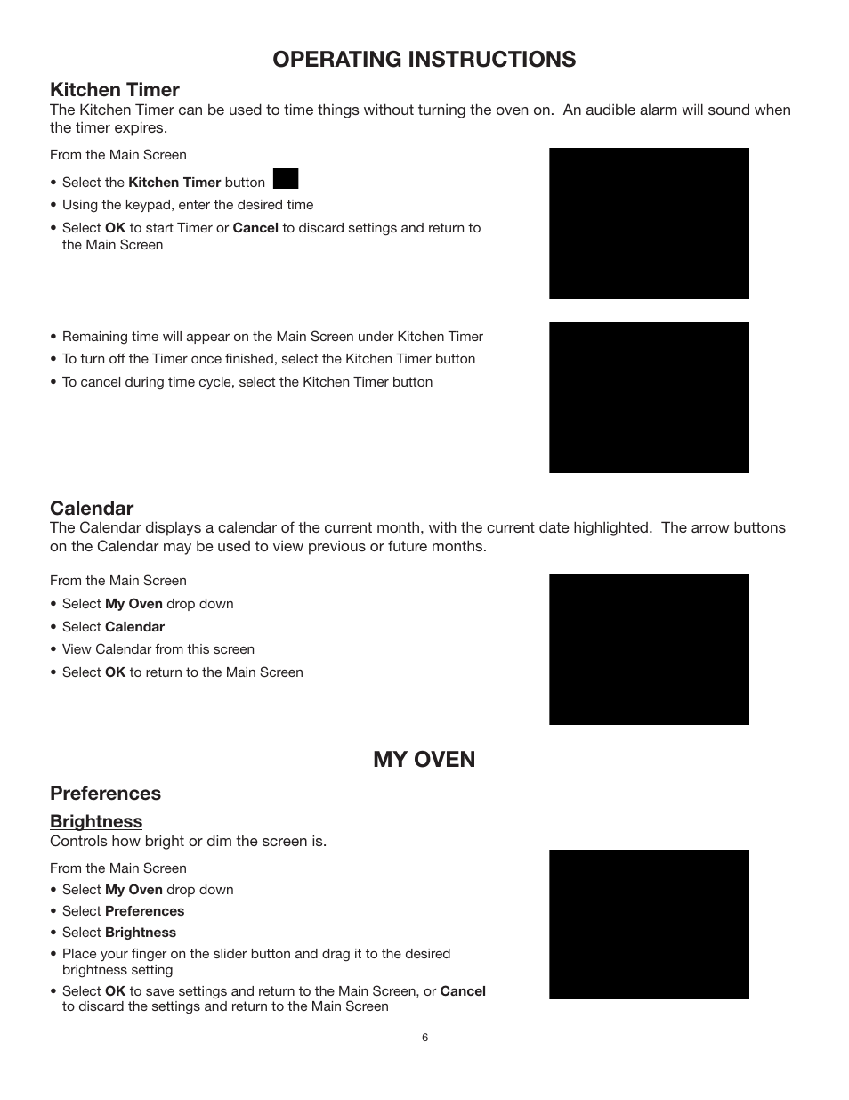 Operating instructions, My oven, Kitchen timer | Calendar, Preferences, Brightness | TMIO PS302SS00 User Manual | Page 9 / 39