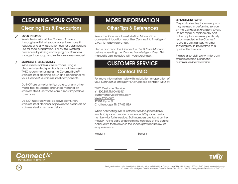Cleaning your oven, More information, Customer service | Cleaning tips & precautions, Other tips & references, Contact tmio | TMIO PS302SS01 User Manual | Page 14 / 15