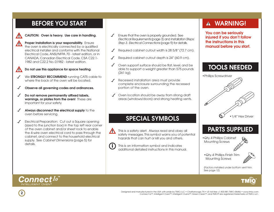 Before you start, Special symbols warning, Tools needed | Parts supplied, Special symbols | TMIO PS302SS01 User Manual | Page 2 / 15