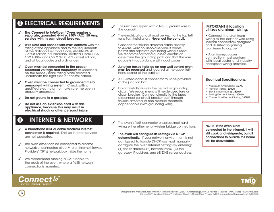 Internet & network, Electrical requirements | TMIO PS302SS01 User Manual | Page 3 / 15