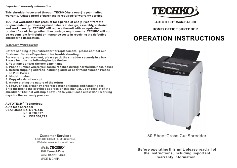 Techko AF080 User Manual | 4 pages