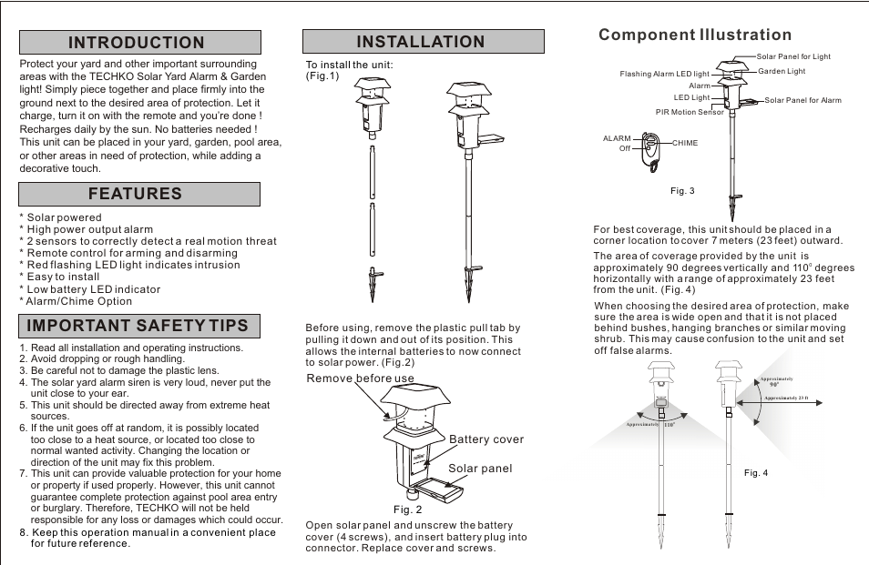 Т³гж 2, Introduction features important safety tips, Installation | Component illustration, Solar panel remove before use, Battery cover | Techko S201 User Manual | Page 2 / 2