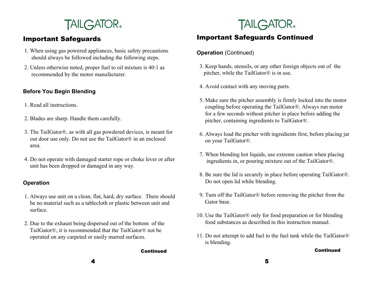 Tailgator The Original Portable Gas Powered Blender User Manual | Page 4 / 14