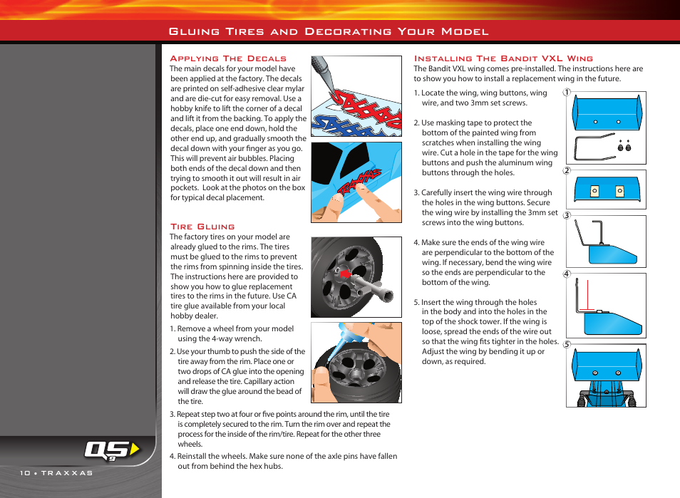 Gluing tires and decorating your model, Applying the decals, Tire gluing | Installing the bandit vxl wing | Traxxas RUSTLER 3608 User Manual | Page 10 / 28