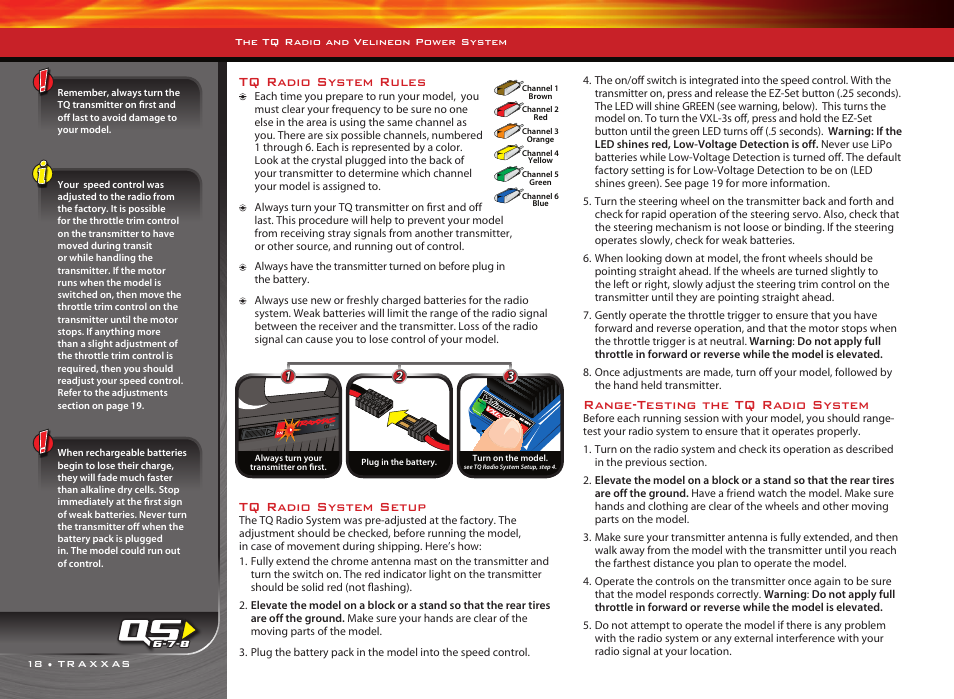 Tq radio system rules, Tq radio system setup, Range-testing the tq radio system | Ch.2 ch.1 | Traxxas RUSTLER 3608 User Manual | Page 18 / 28