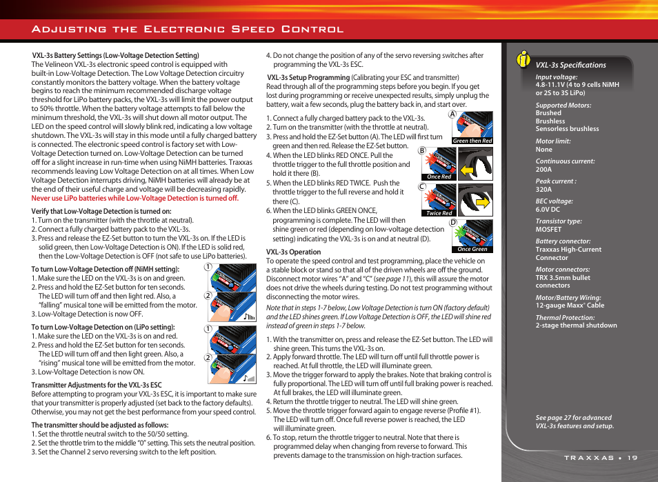 Adjusting the electronic speed control | Traxxas RUSTLER 3608 User Manual | Page 19 / 28