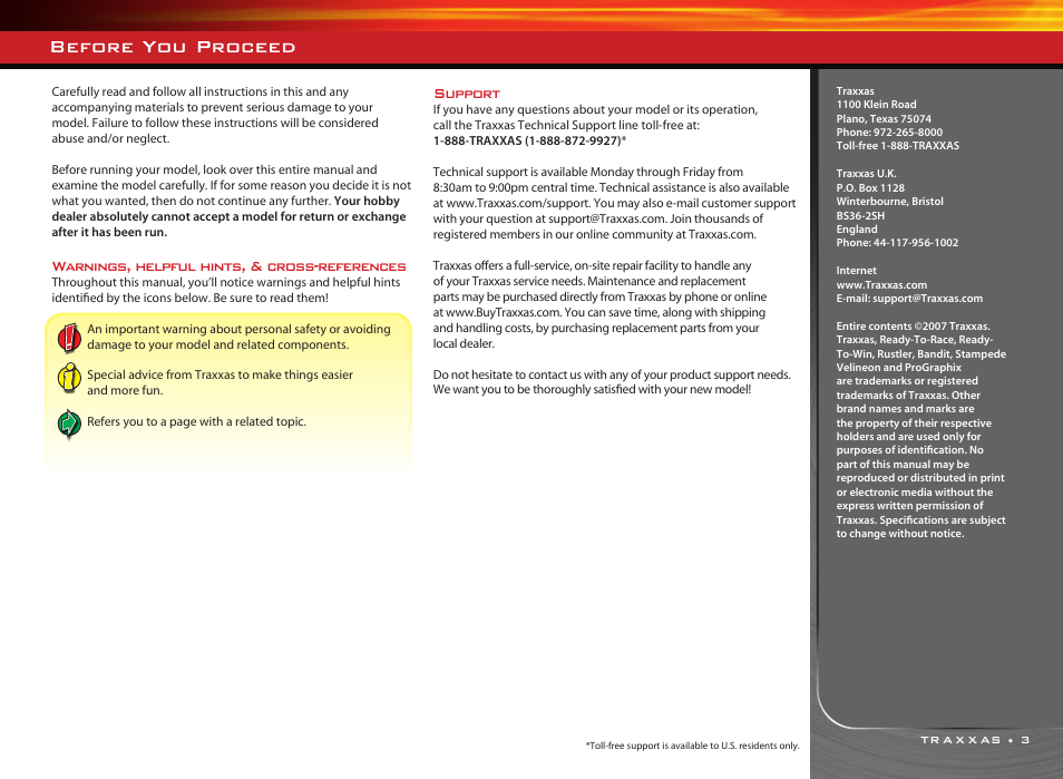 Before you proceed, Warnings, helpful hints, & cross-references, Support | Traxxas RUSTLER 3608 User Manual | Page 3 / 28