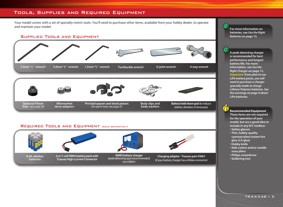 Tools, supplies and required equipment, Required tools and equipment, Supplied tools and equipment | Traxxas RUSTLER 3608 User Manual | Page 5 / 28
